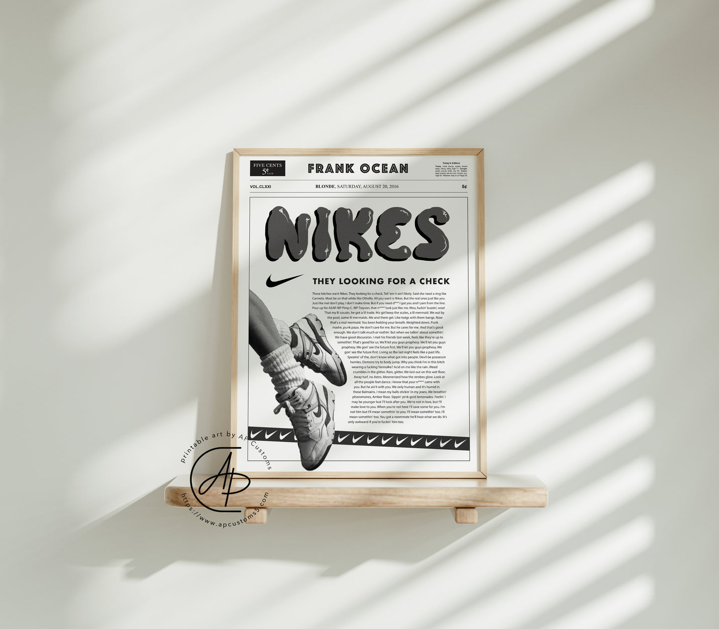 Frank Ocean - Nikes Lyrics | Sneaker Art | Digital Download